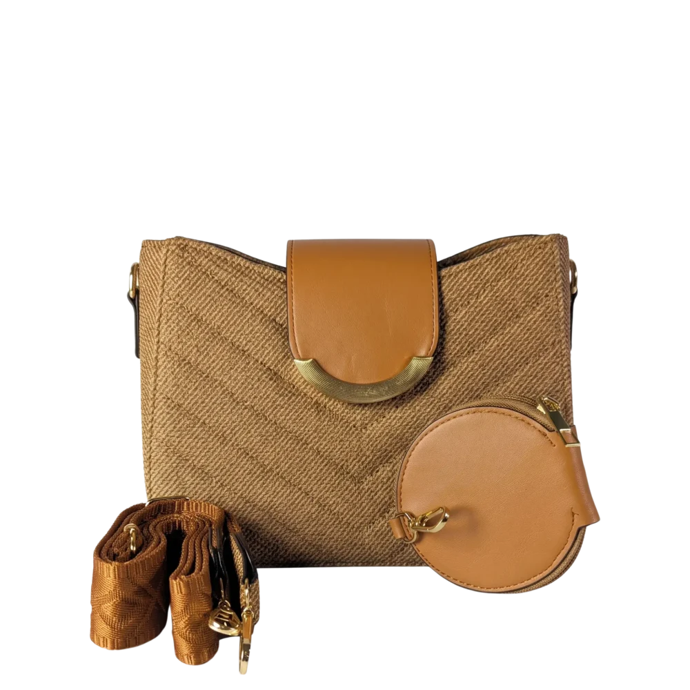 Aurelia Gold-Trim Woven Half Moon Crossbody Bag